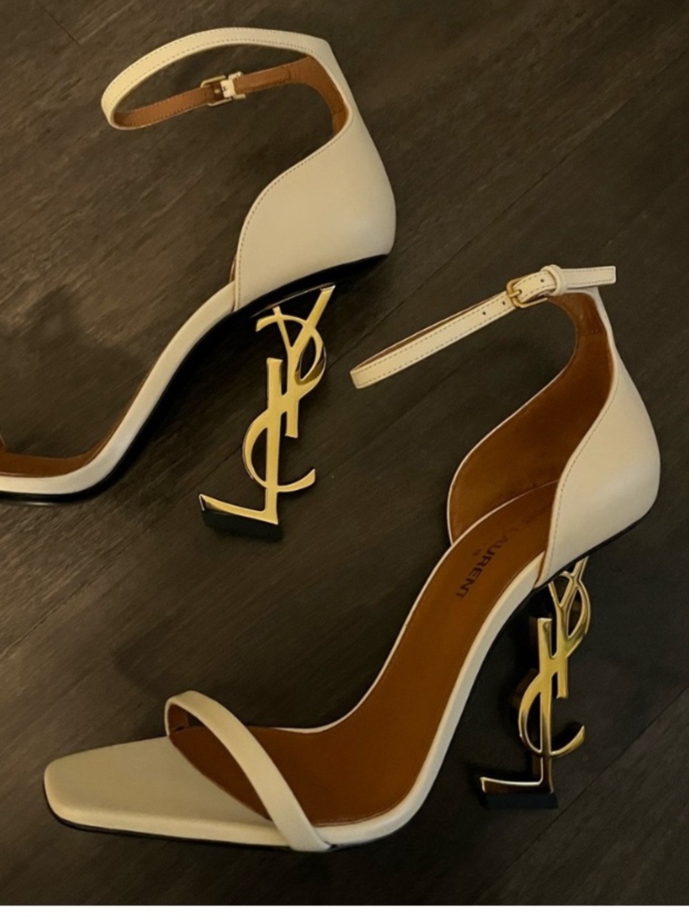 Saint Laurent White Ankle-Strap Sandals with Gold YSL Logo Heels